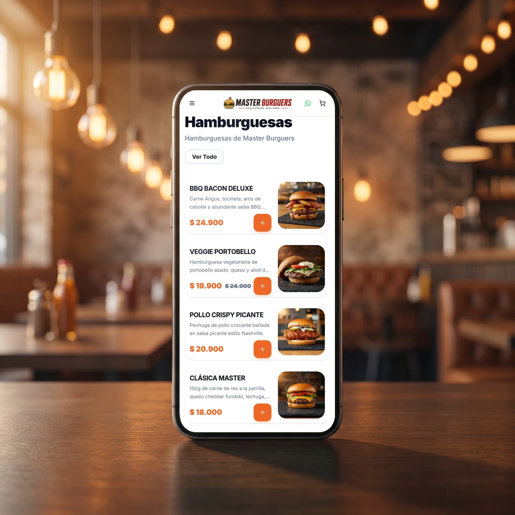 Menú digital de Foodie visto en un celular, con la carta de hamburguesas, precios y botón para pedir por WhatsApp